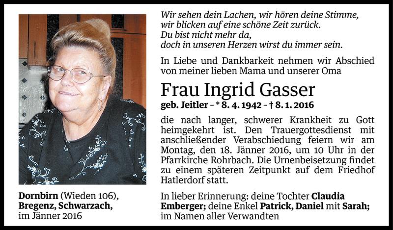  Todesanzeige für Ingrid Gasser vom 14.01.2016 aus Vorarlberger Nachrichten