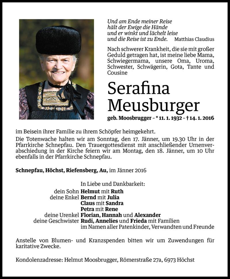  Todesanzeige für Serafina Meusburger vom 14.01.2016 aus Vorarlberger Nachrichten
