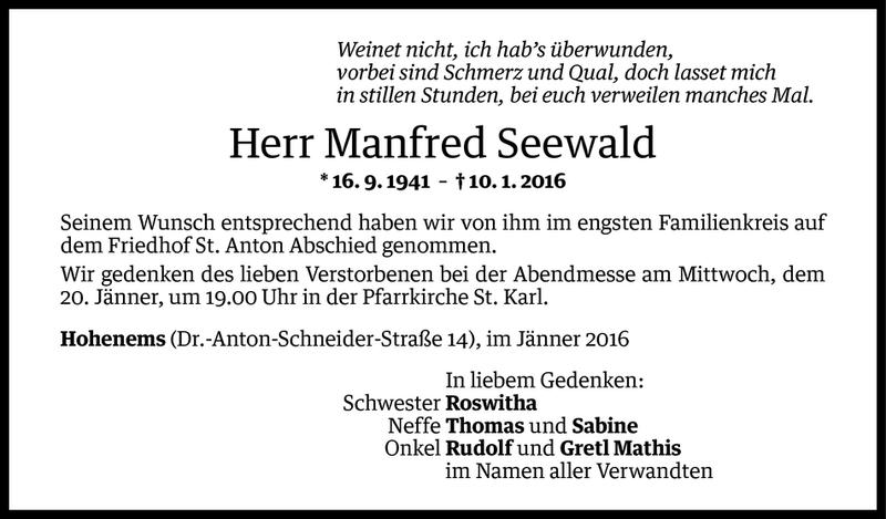  Todesanzeige für Manfred Seewald vom 15.01.2016 aus Vorarlberger Nachrichten