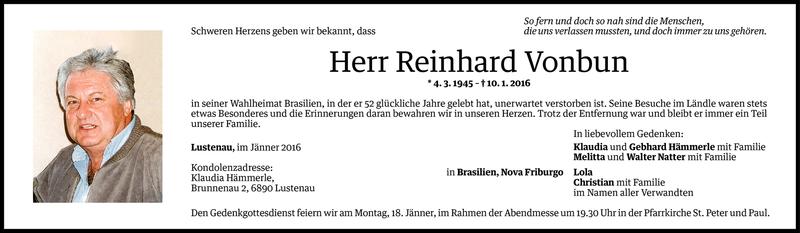  Todesanzeige für Reinhard Vonbun vom 15.01.2016 aus Vorarlberger Nachrichten