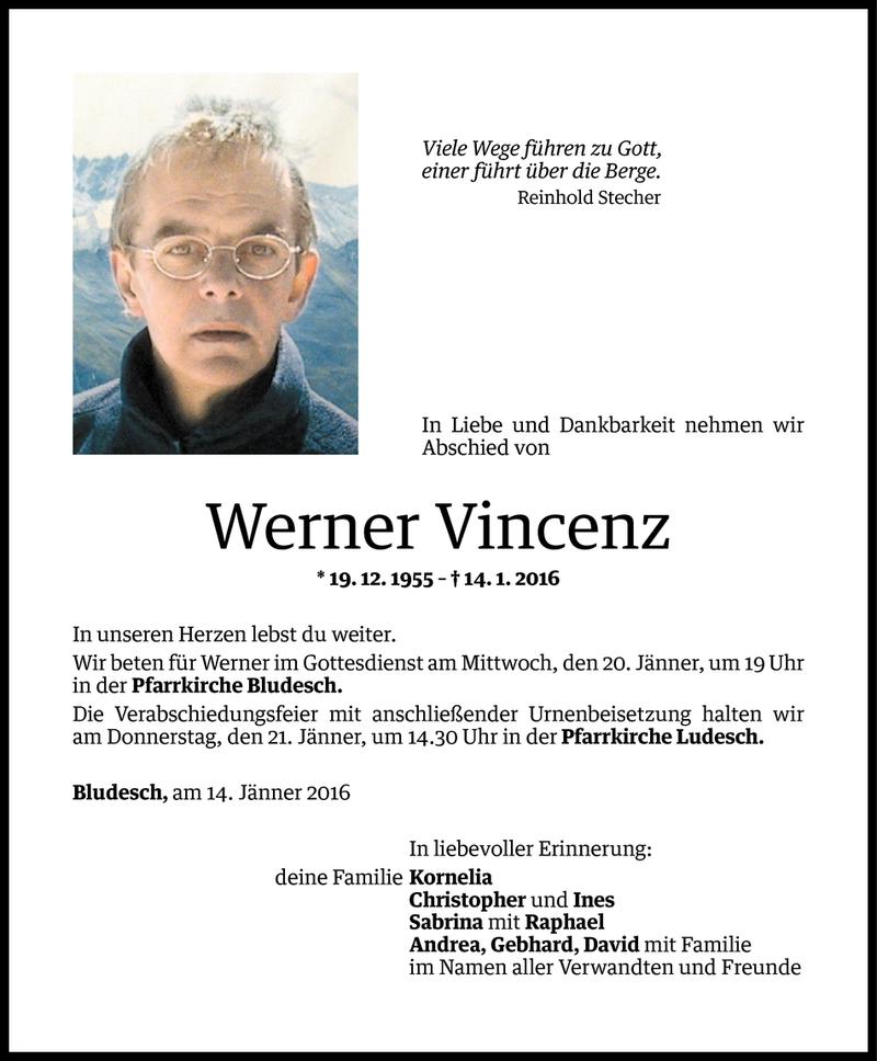  Todesanzeige für Werner Vincenz vom 15.01.2016 aus Vorarlberger Nachrichten