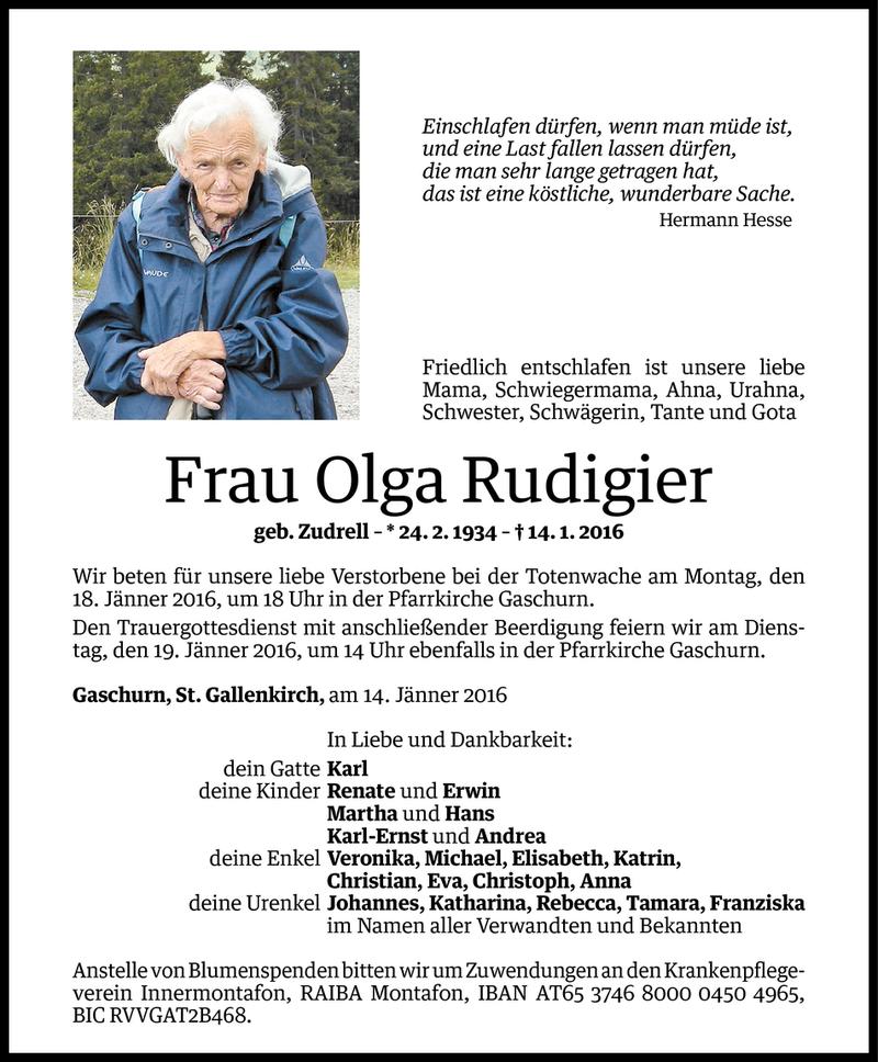  Todesanzeige für Olga Rudigier vom 15.01.2016 aus Vorarlberger Nachrichten