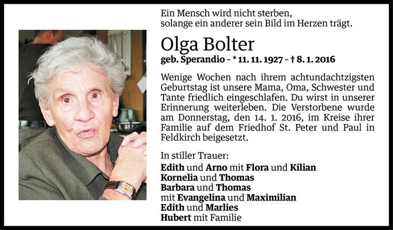  Todesanzeige für Olga Bolter vom 15.01.2016 aus Vorarlberger Nachrichten