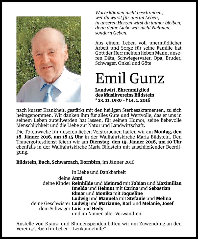  Todesanzeige für Emil Gunz vom 15.01.2016 aus Vorarlberger Nachrichten