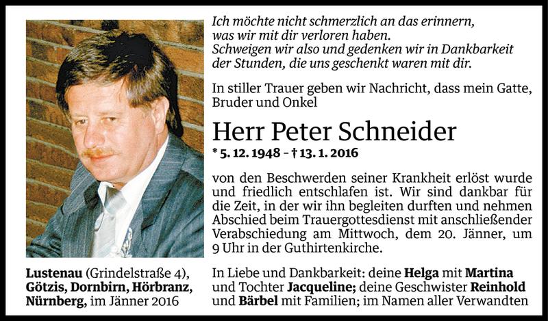  Todesanzeige für Peter Schneider vom 17.01.2016 aus Vorarlberger Nachrichten