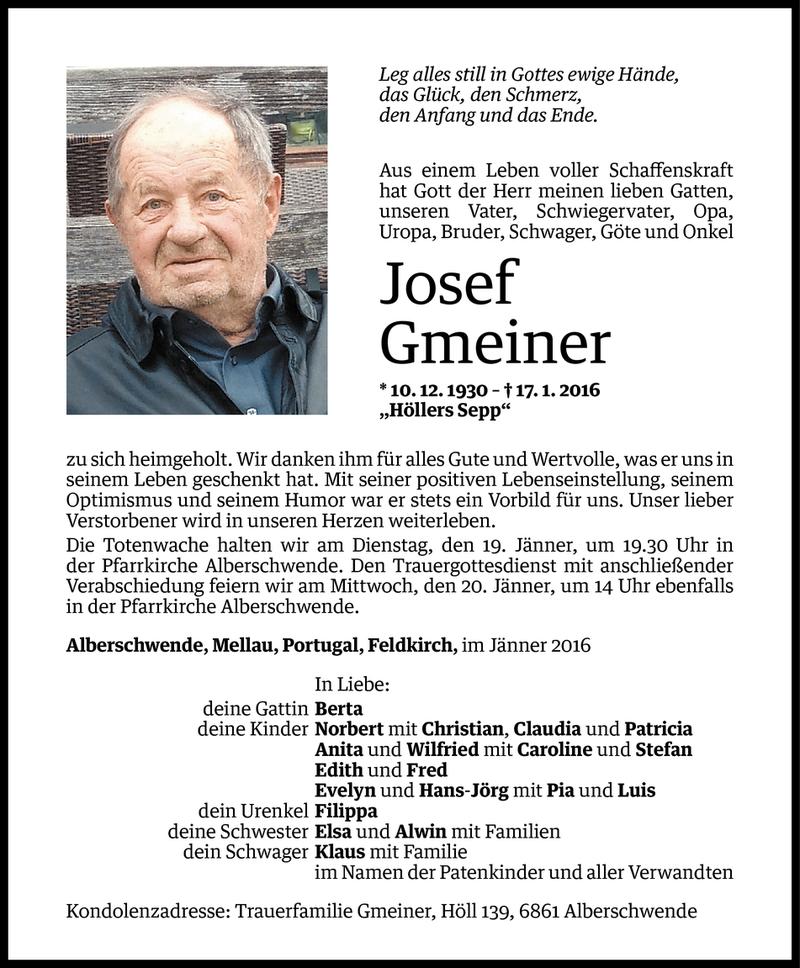  Todesanzeige für Josef Gmeiner vom 17.01.2016 aus Vorarlberger Nachrichten
