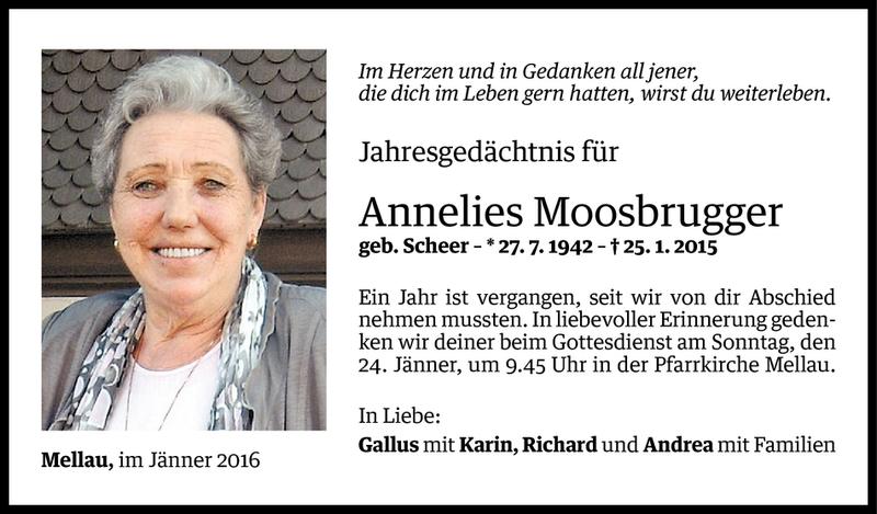  Todesanzeige für Annelies Moosbrugger vom 22.01.2016 aus Vorarlberger Nachrichten