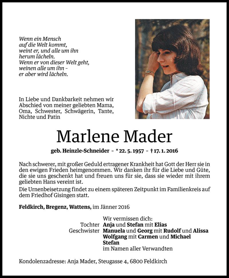  Todesanzeige für Marlene Mader vom 19.01.2016 aus Vorarlberger Nachrichten