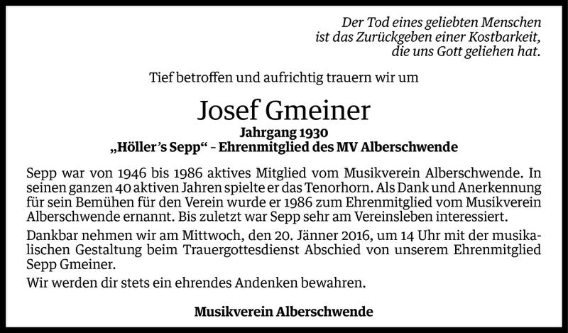 Todesanzeige für Josef Gmeiner vom 18.01.2016 aus Vorarlberger Nachrichten
