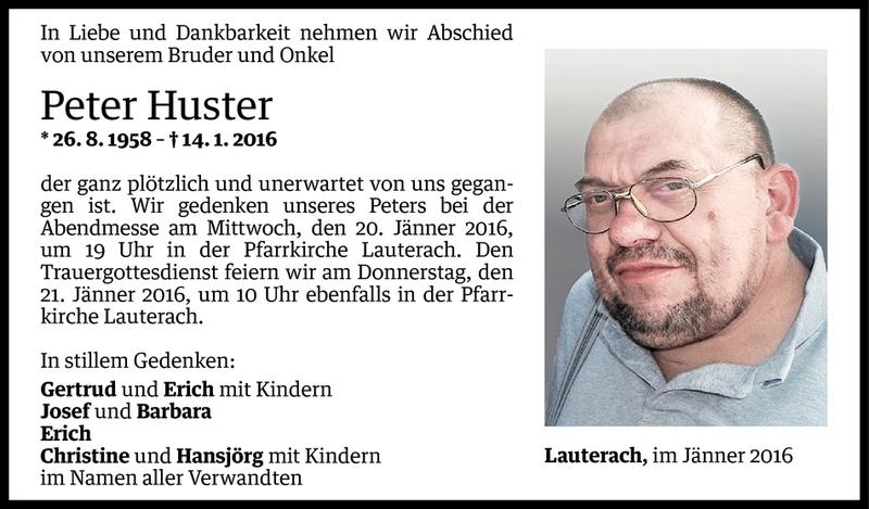  Todesanzeige für Peter Huster vom 18.01.2016 aus Vorarlberger Nachrichten