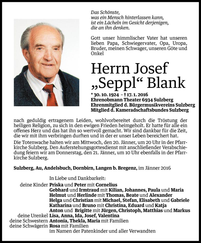  Todesanzeige für Josef Blank vom 18.01.2016 aus Vorarlberger Nachrichten