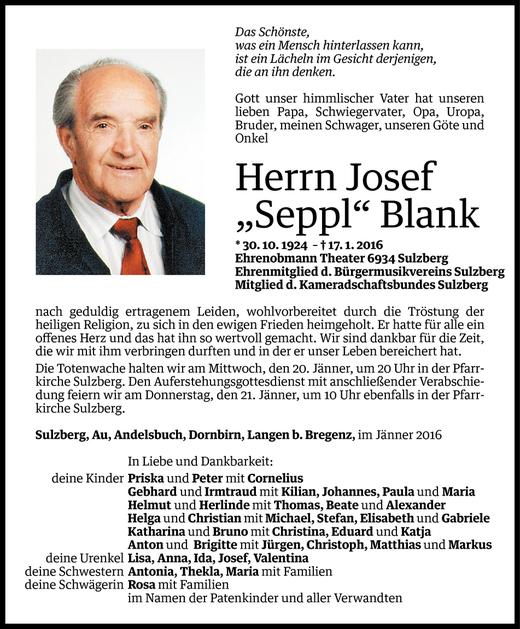 Todesanzeige von Josef Blank von Vorarlberger Nachrichten