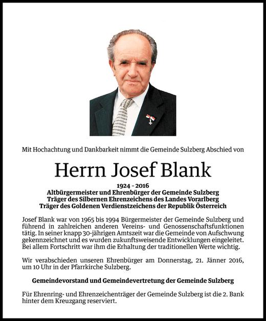 Todesanzeige von Josef Blank von Vorarlberger Nachrichten