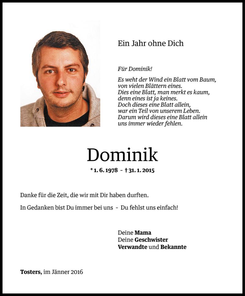  Todesanzeige für Dominik Jonas vom 30.01.2016 aus Vorarlberger Nachrichten