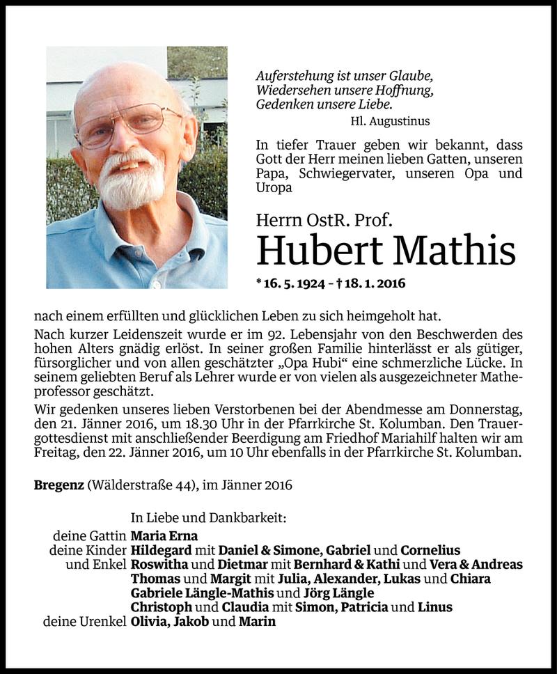  Todesanzeige für Hubert Mathis vom 19.01.2016 aus Vorarlberger Nachrichten