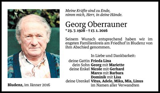 Todesanzeige von Georg Oberrauner von Vorarlberger Nachrichten