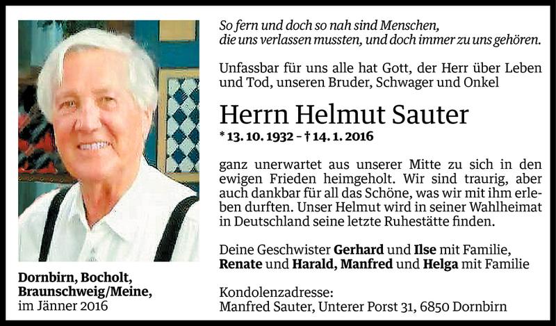  Todesanzeige für Helmut Sauter vom 20.01.2016 aus Vorarlberger Nachrichten