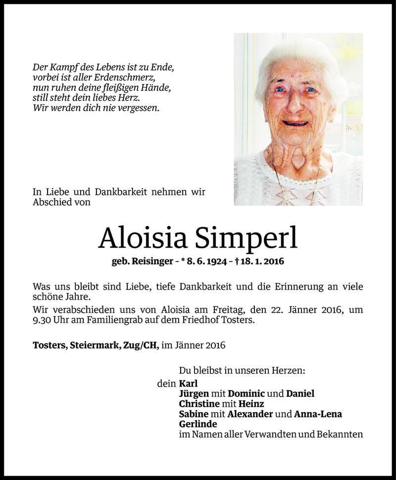  Todesanzeige für Aloisia Simperl vom 19.01.2016 aus Vorarlberger Nachrichten