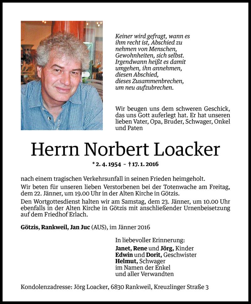  Todesanzeige für Norbert Loacker vom 20.01.2016 aus Vorarlberger Nachrichten