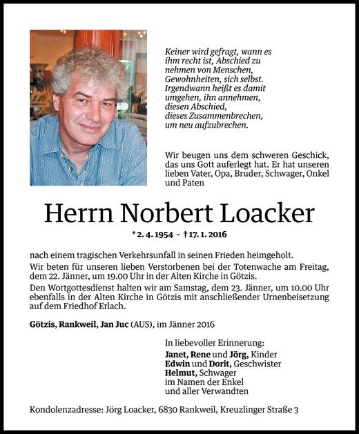Todesanzeige von Norbert Loacker von Vorarlberger Nachrichten