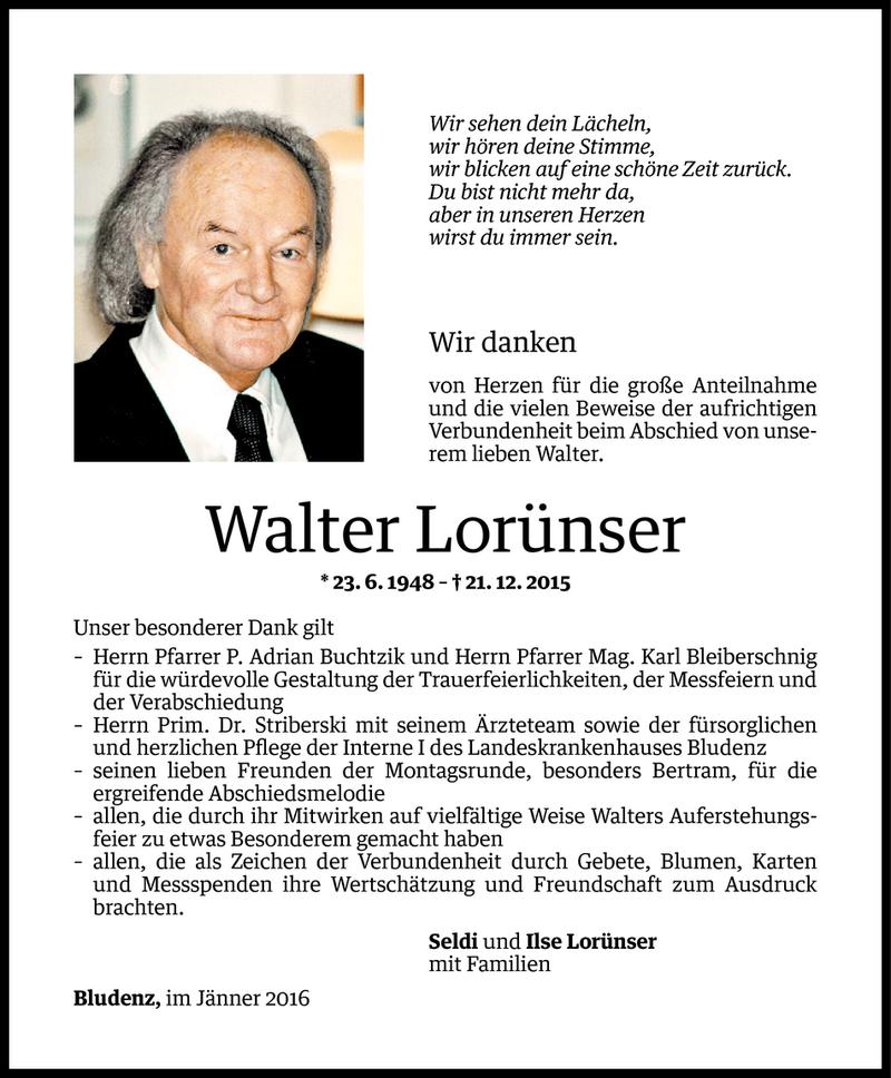  Todesanzeige für Walter Lorünser vom 22.01.2016 aus Vorarlberger Nachrichten