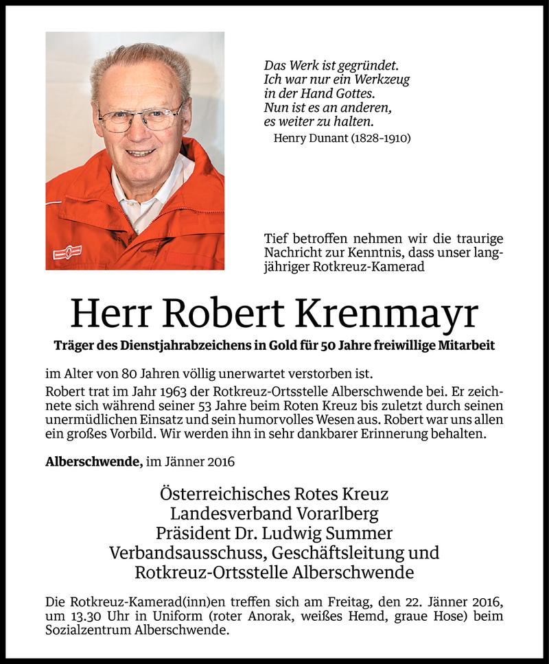  Todesanzeige für Robert Krenmayr vom 20.01.2016 aus Vorarlberger Nachrichten