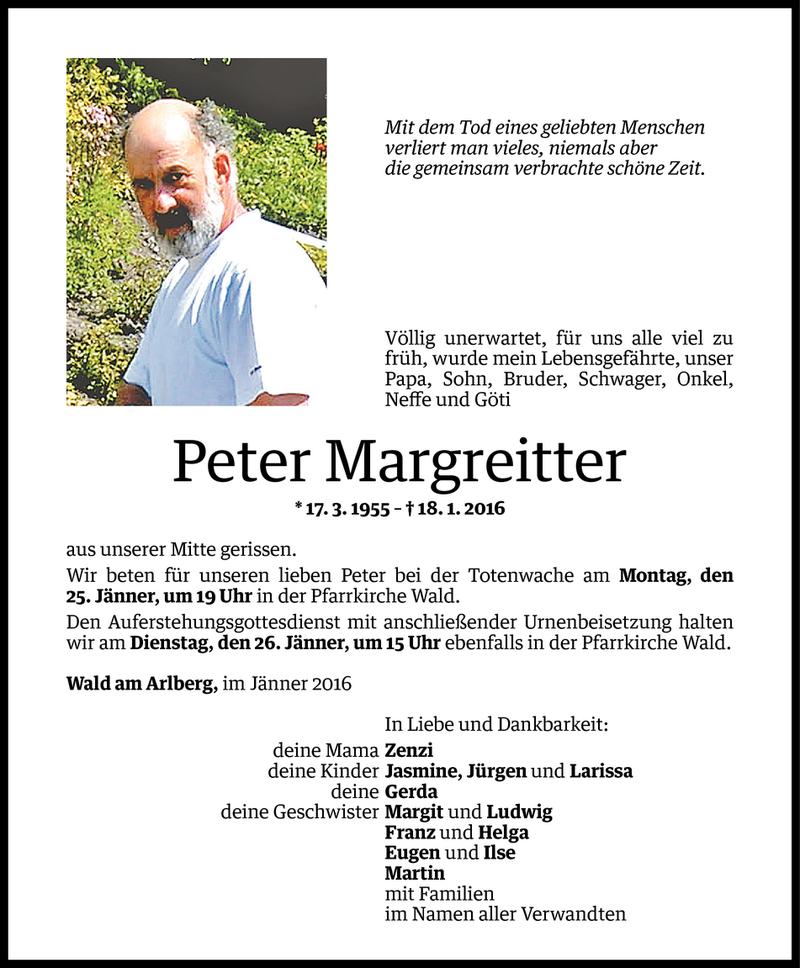  Todesanzeige für Peter Margreitter vom 23.01.2016 aus Vorarlberger Nachrichten