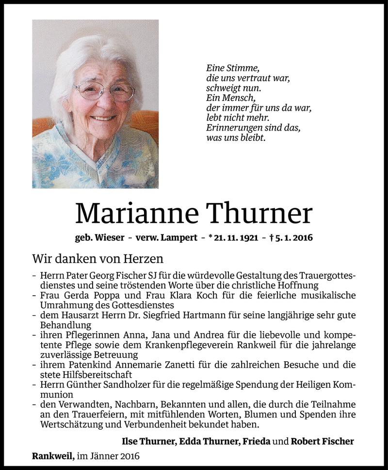  Todesanzeige für Marianne Thurner vom 30.01.2016 aus Vorarlberger Nachrichten