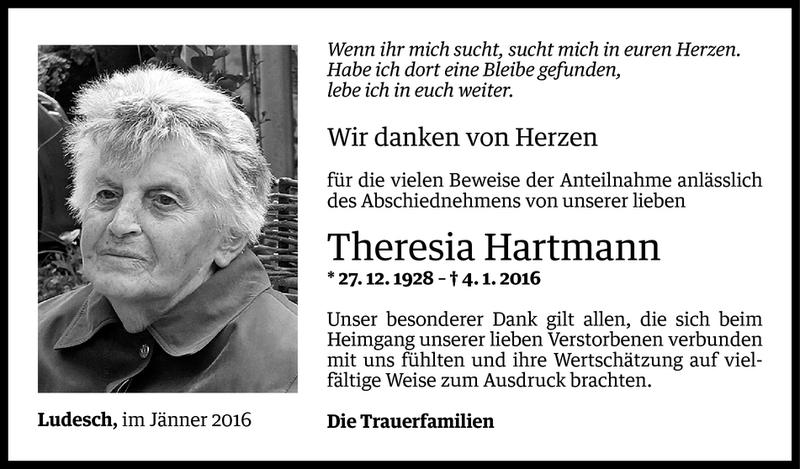  Todesanzeige für Theres Erna Hartmann vom 20.01.2016 aus Vorarlberger Nachrichten