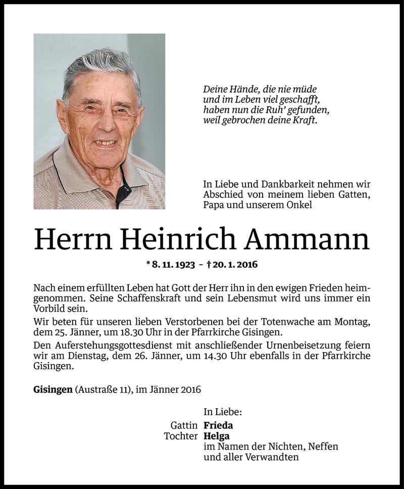  Todesanzeige für Heinrich Ammann vom 23.01.2016 aus Vorarlberger Nachrichten
