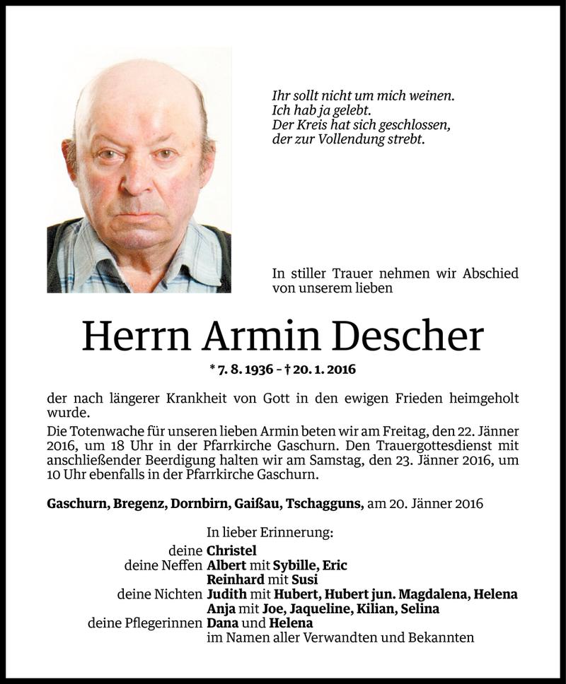  Todesanzeige für Armin Descher vom 21.01.2016 aus Vorarlberger Nachrichten