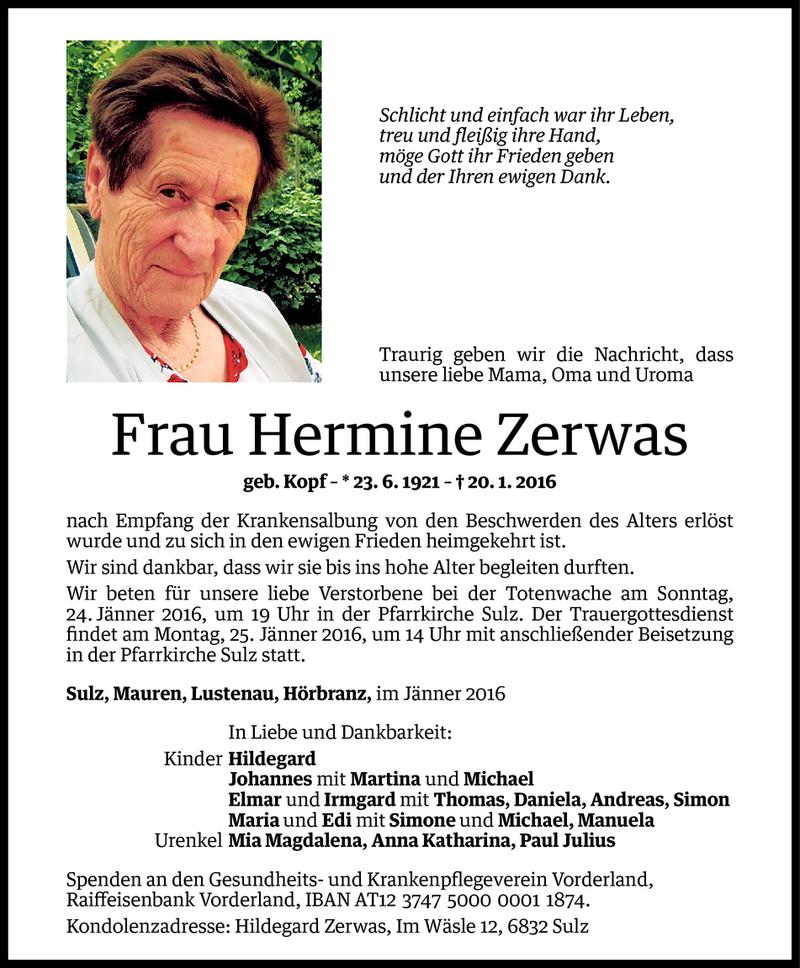  Todesanzeige für Hermine Zerwas vom 21.01.2016 aus Vorarlberger Nachrichten