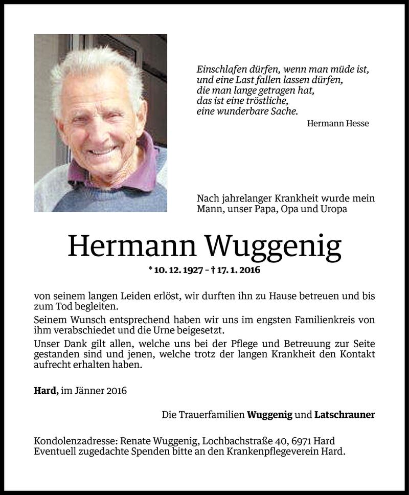  Todesanzeige für Hermann Wuggenig vom 23.01.2016 aus Vorarlberger Nachrichten