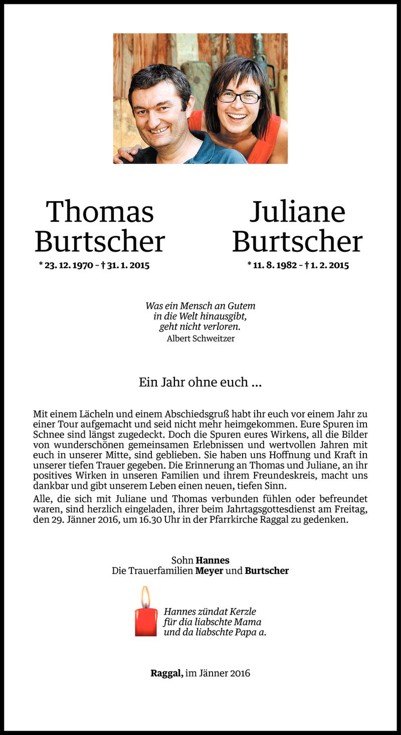  Todesanzeige für Thomas und Juliane Burtscher vom 22.01.2016 aus Vorarlberger Nachrichten