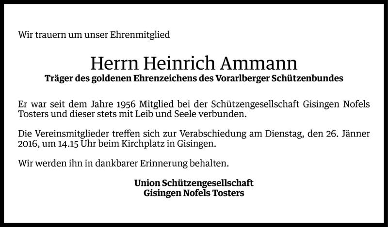  Todesanzeige für Heinrich Ammann vom 23.01.2016 aus Vorarlberger Nachrichten