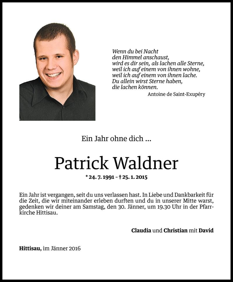  Todesanzeige für Patrick Waldner vom 24.01.2016 aus Vorarlberger Nachrichten