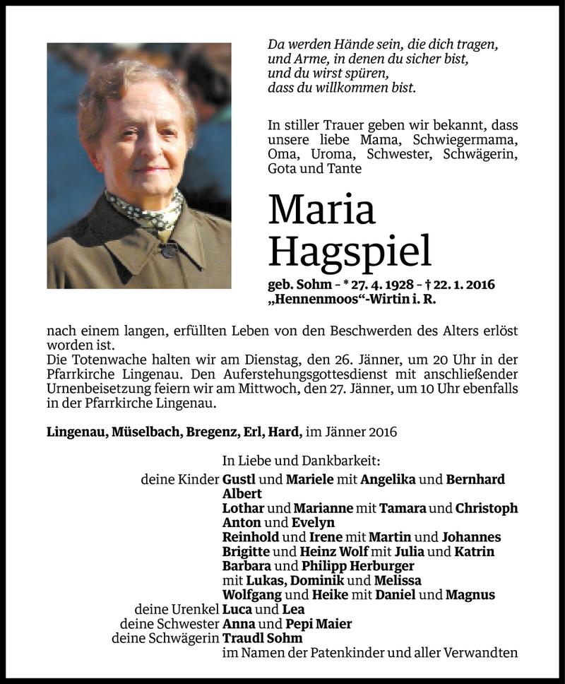  Todesanzeige für Maria Hagspiel vom 24.01.2016 aus Vorarlberger Nachrichten