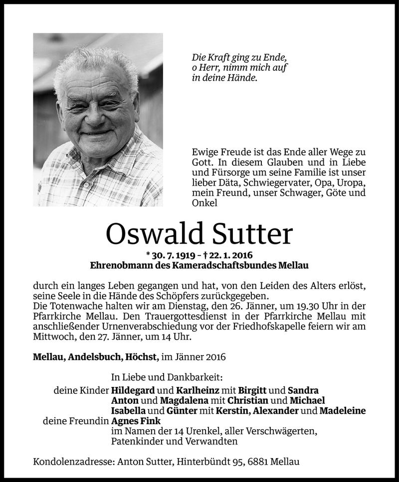  Todesanzeige für Oswald Sutter vom 24.01.2016 aus Vorarlberger Nachrichten