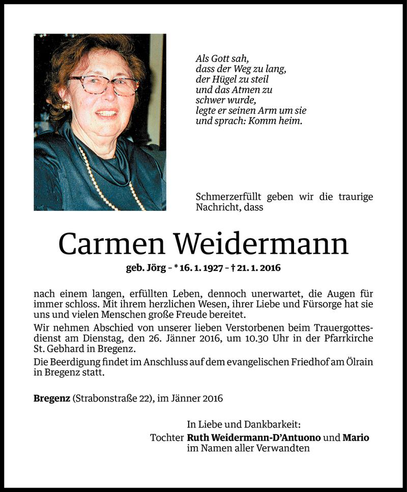  Todesanzeige für Carmen Weidermann vom 24.01.2016 aus Vorarlberger Nachrichten