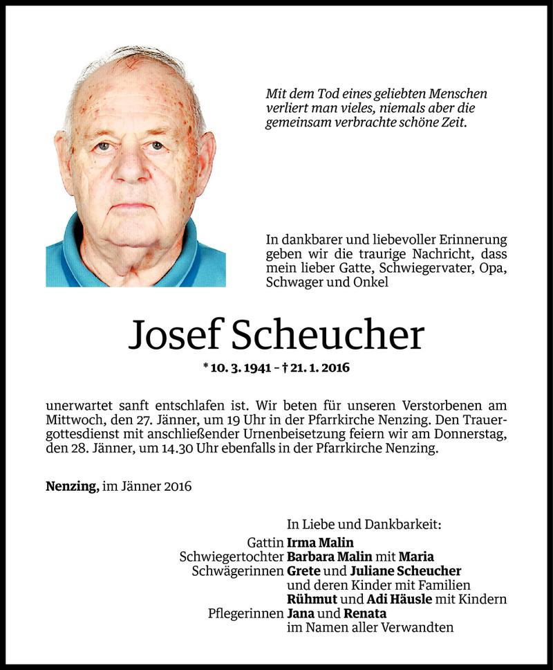  Todesanzeige für Josef Scheucher vom 26.01.2016 aus Vorarlberger Nachrichten