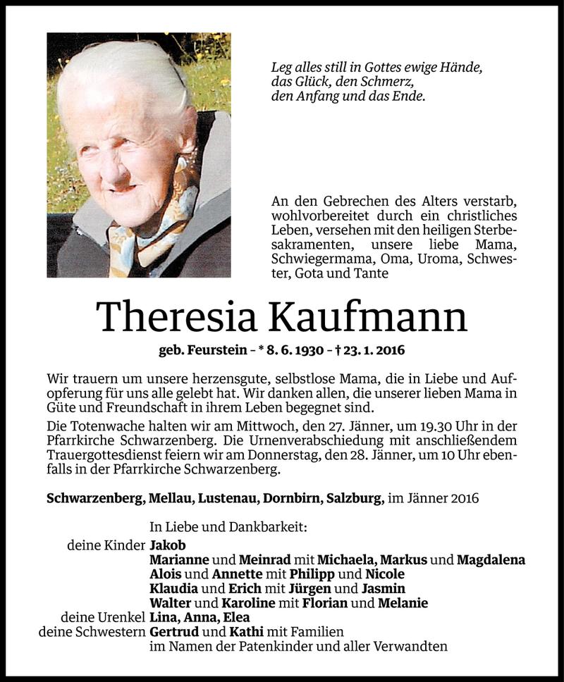  Todesanzeige für Theresia Kaufmann vom 25.01.2016 aus Vorarlberger Nachrichten