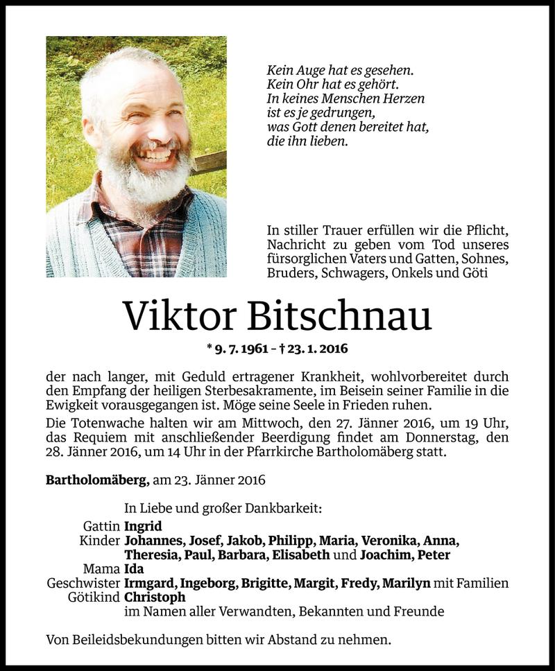 Todesanzeige für Viktor Bitschnau vom 25.01.2016 aus Vorarlberger Nachrichten
