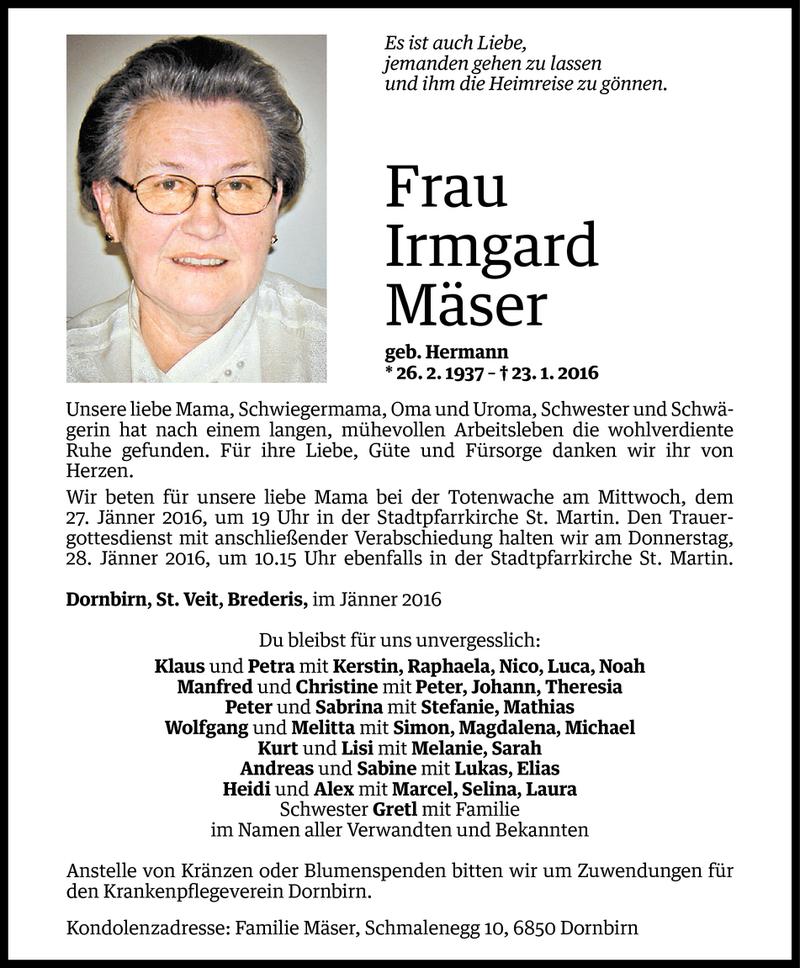  Todesanzeige für Irmgard Mäser vom 25.01.2016 aus Vorarlberger Nachrichten