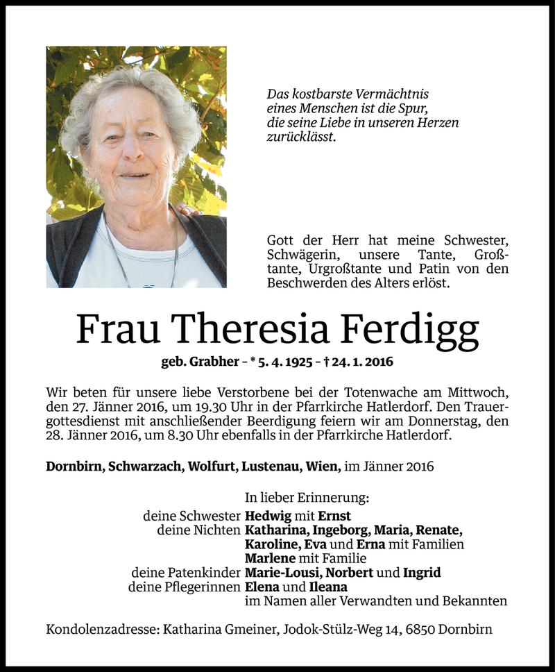  Todesanzeige für Theresia Ferdigg vom 25.01.2016 aus Vorarlberger Nachrichten