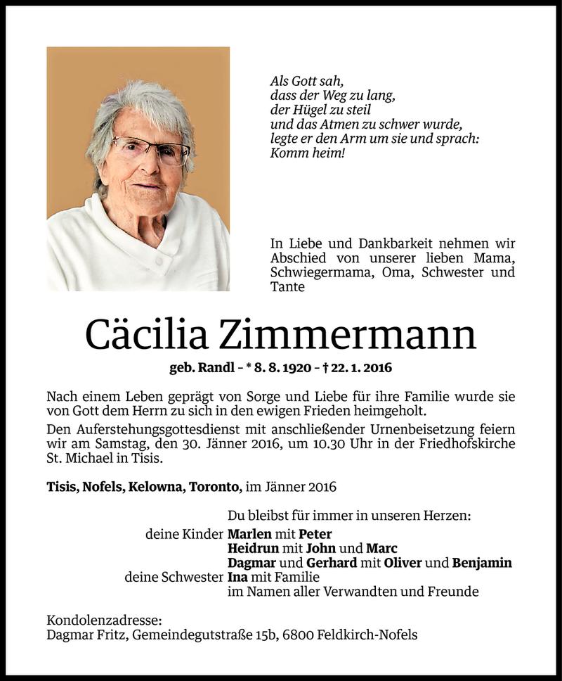  Todesanzeige für Cäcilia Zimmermann vom 26.01.2016 aus Vorarlberger Nachrichten