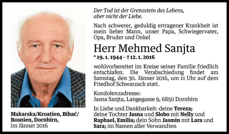  Todesanzeige für Mehmed Sanjta vom 26.01.2016 aus Vorarlberger Nachrichten