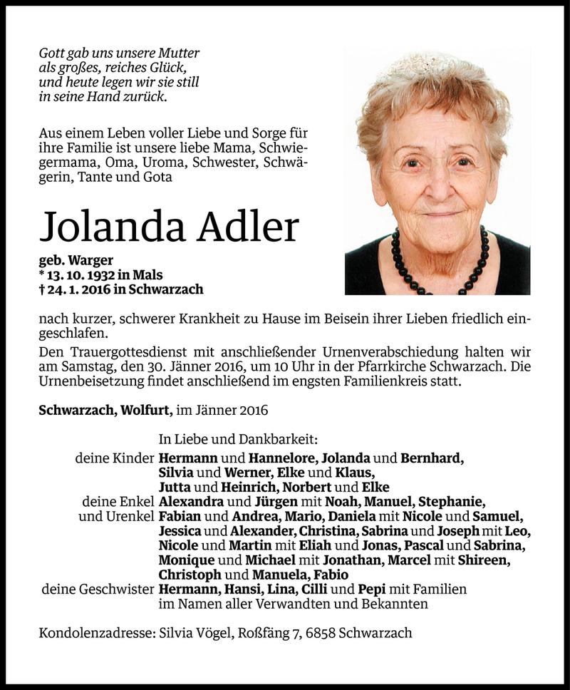  Todesanzeige für Jolanda Adler vom 26.01.2016 aus Vorarlberger Nachrichten