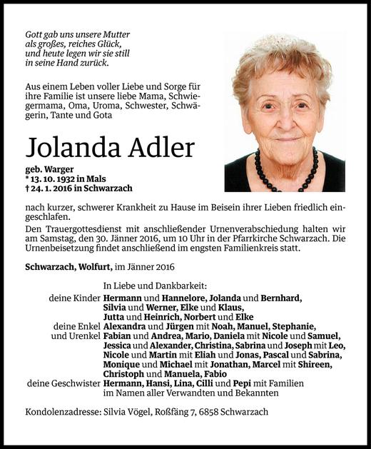 Todesanzeige von Jolanda Adler von Vorarlberger Nachrichten