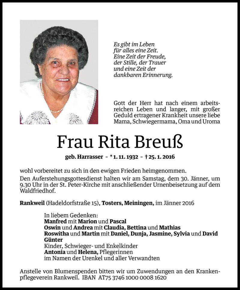  Todesanzeige für Rita Breuß vom 27.01.2016 aus Vorarlberger Nachrichten