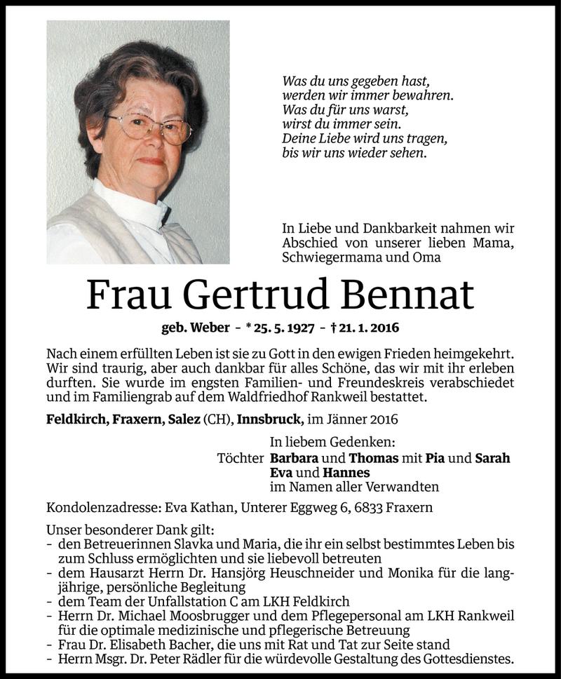  Todesanzeige für Gertrud Bennat vom 30.01.2016 aus Vorarlberger Nachrichten